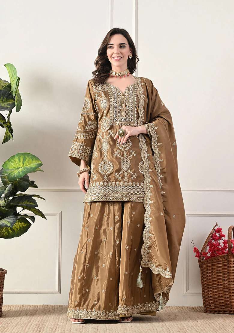Light Brown Sharara Set in Pure Crepe with Zari Zardozi Mirror Work and Buti Motifs - Indya