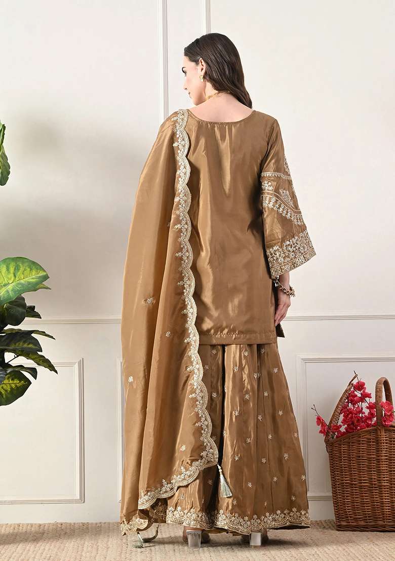 Light Brown Sharara Set in Pure Crepe with Zari Zardozi Mirror Work and Buti Motifs - Indya