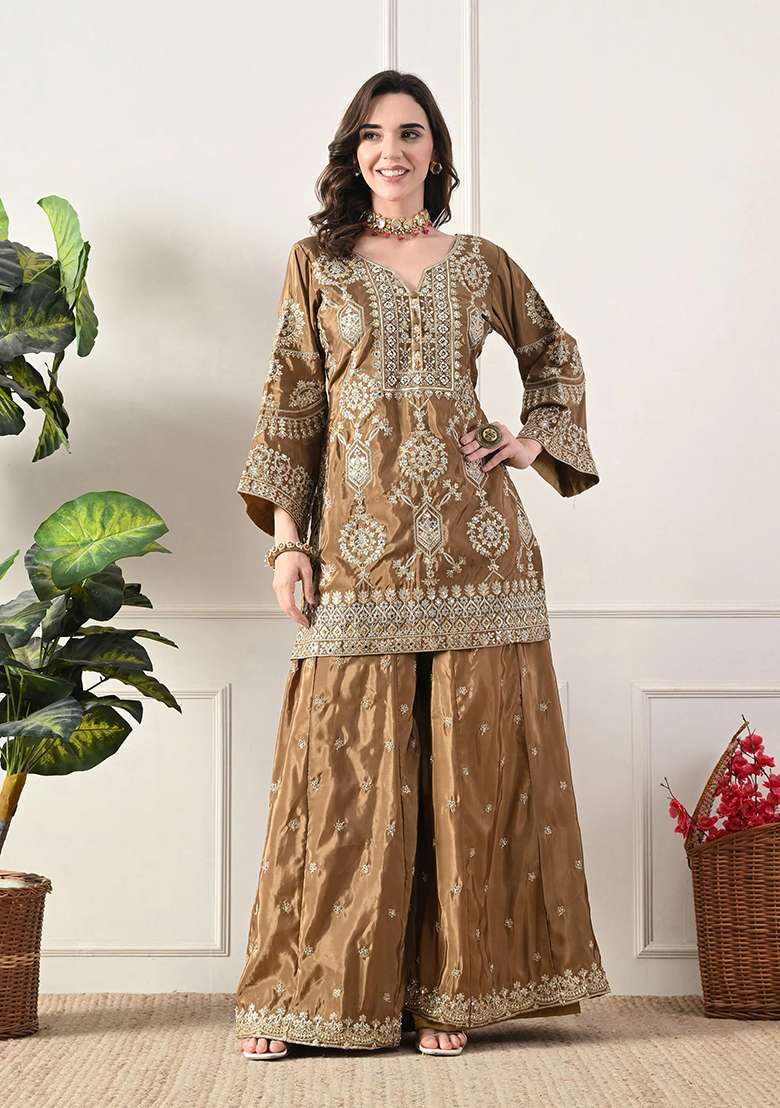 Light Brown Sharara Set in Pure Crepe with Zari Zardozi Mirror Work and Buti Motifs - Indya