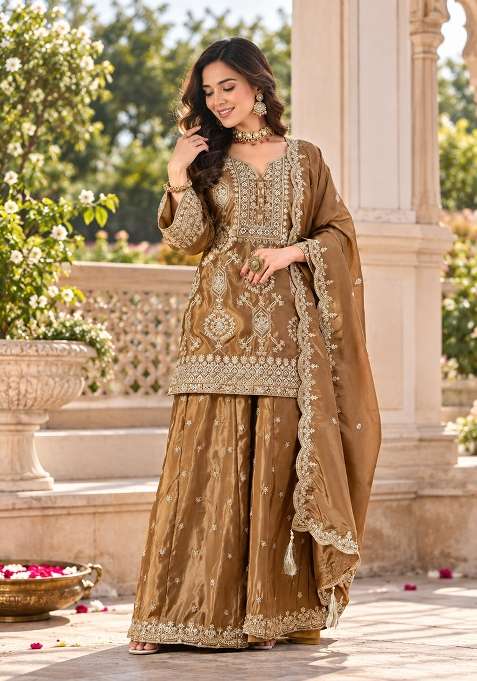 Light Brown Sharara Set in Pure Crepe with Zari Zardozi Mirror Work and Buti Motifs