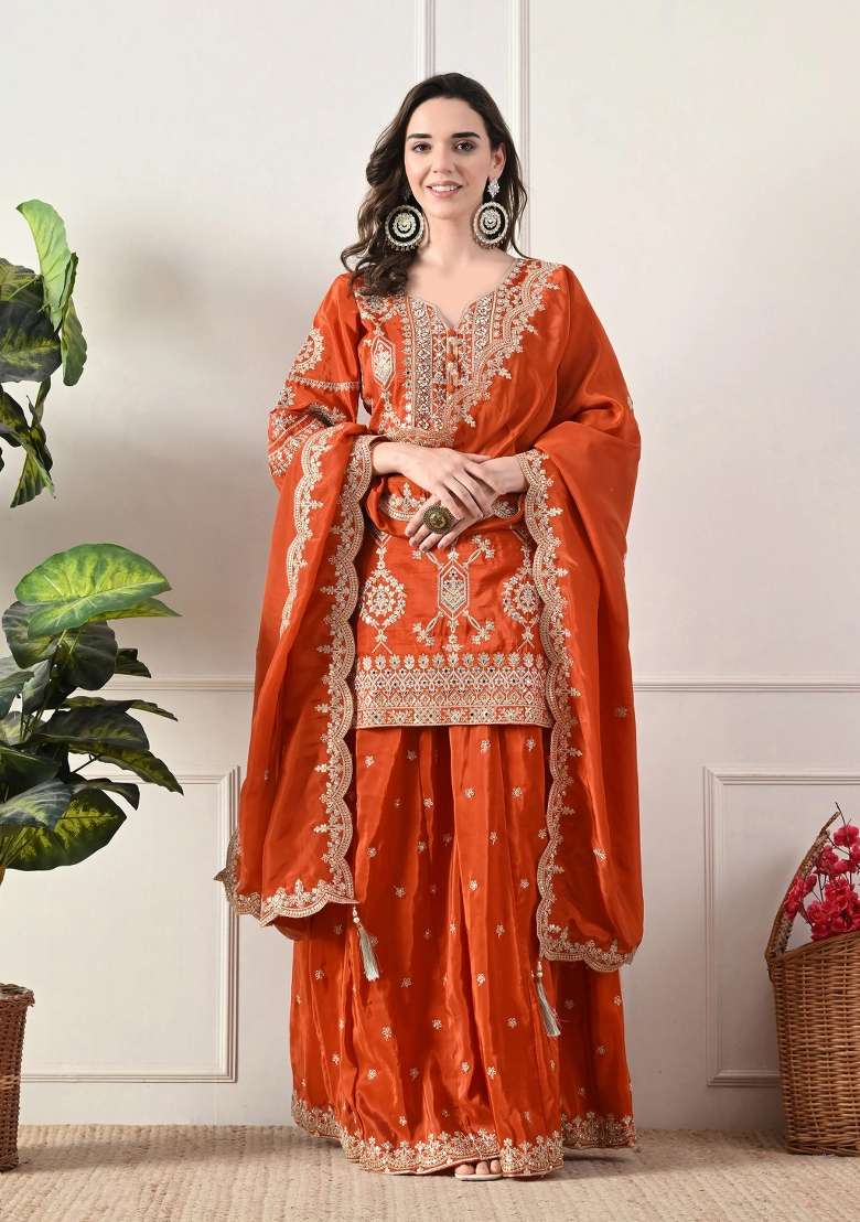 Rust Sharara Set in Pure Crepe with Zari Zardozi and Mirror Work - Indya