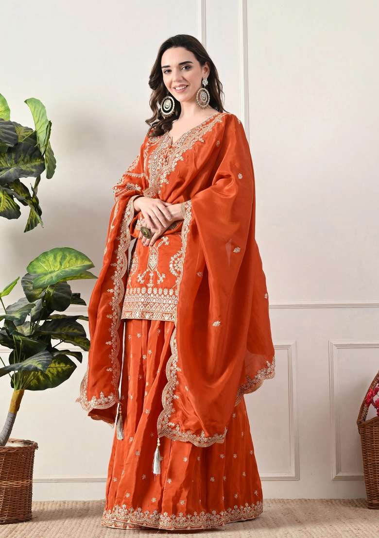 Rust Sharara Set in Pure Crepe with Zari Zardozi and Mirror Work - Indya