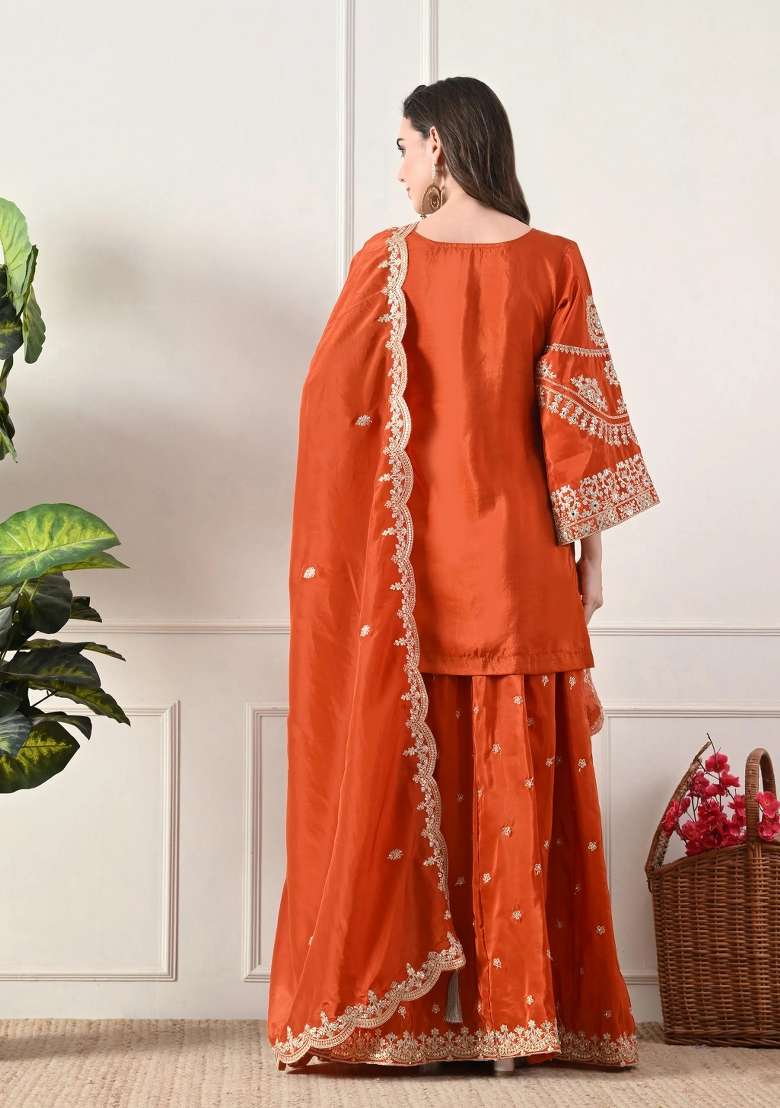 Rust Sharara Set in Pure Crepe with Zari Zardozi and Mirror Work - Indya