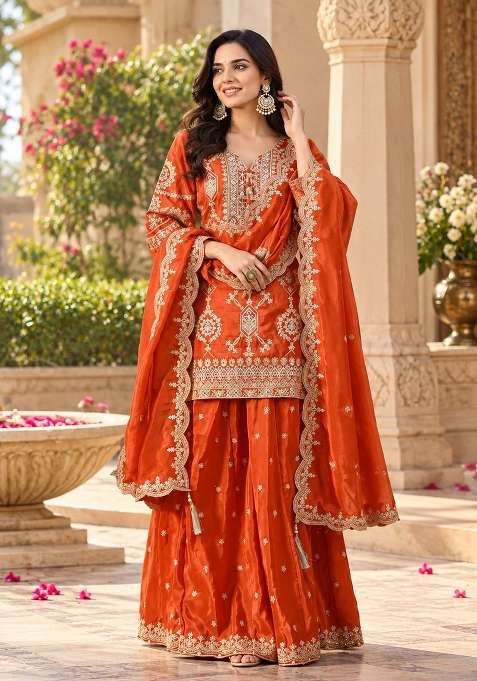 Rust Sharara Set in Pure Crepe with Zari Zardozi and Mirror Work