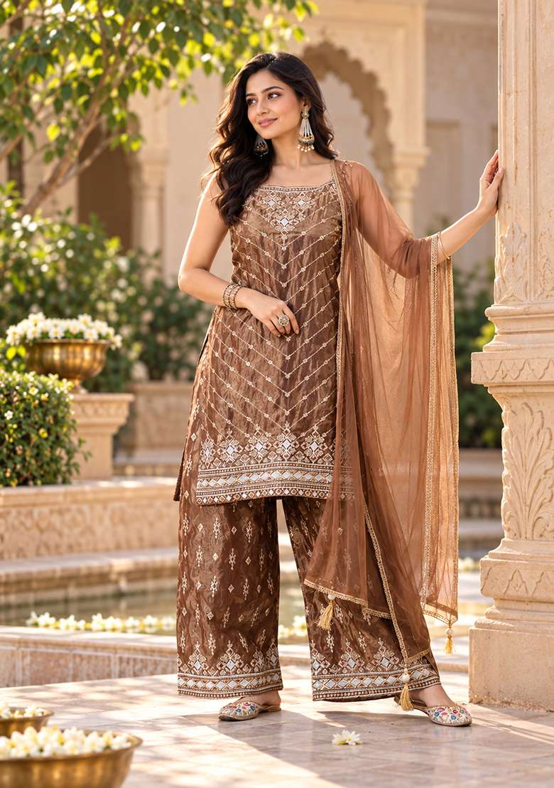 Brown Sharara Set in Pure Tissue with Mirror and Moti Work - Indya