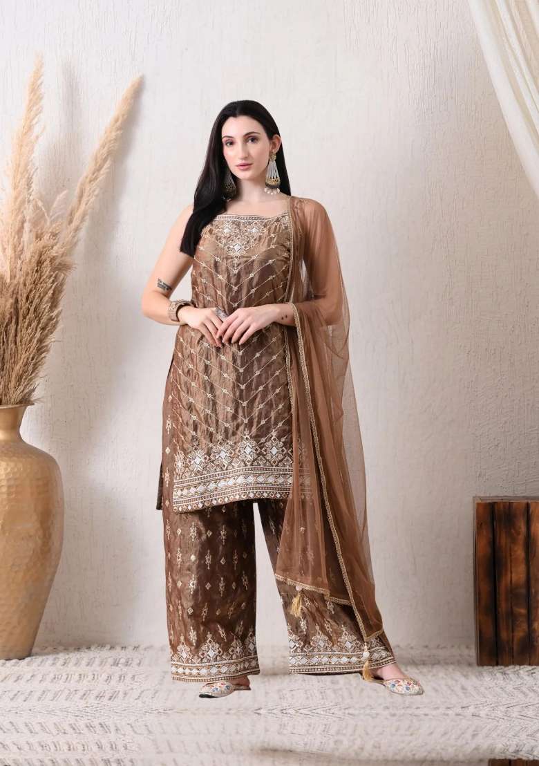 Brown Sharara Set in Pure Tissue with Mirror and Moti Work - Indya