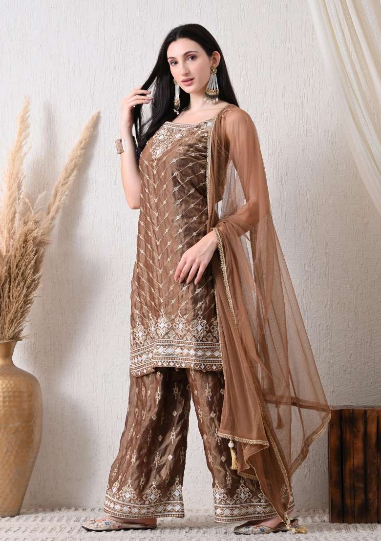 Brown Sharara Set in Pure Tissue with Mirror and Moti Work - Indya