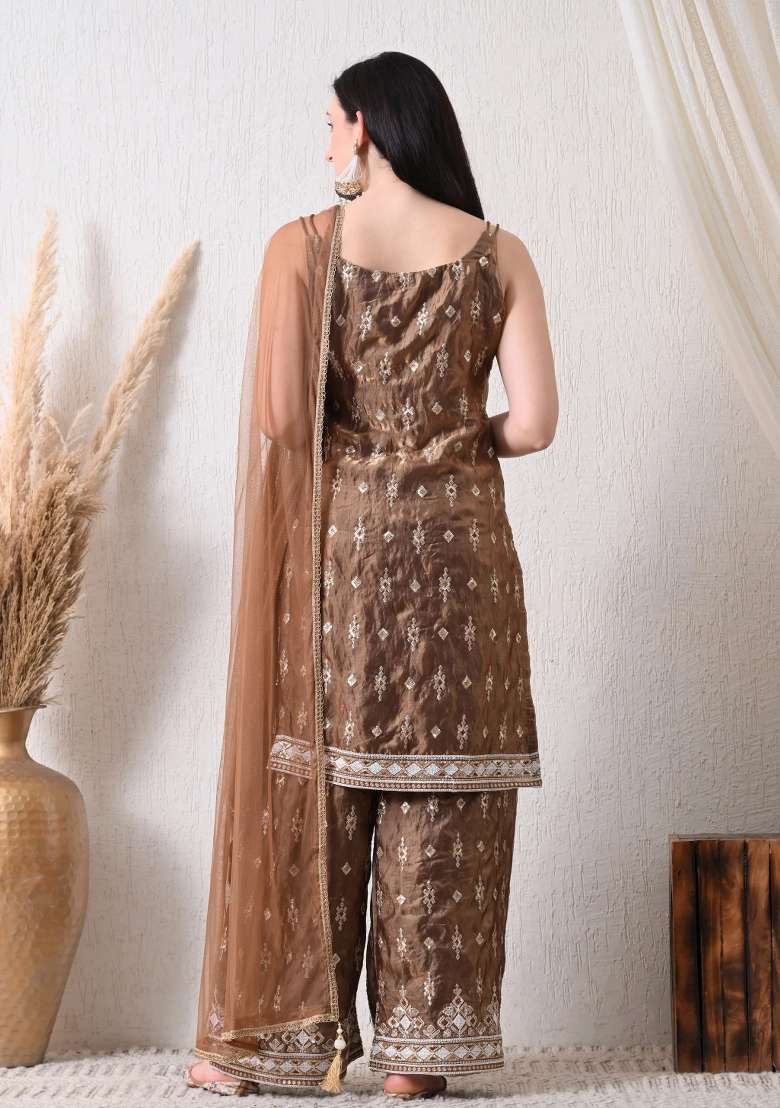 Brown Sharara Set in Pure Tissue with Mirror and Moti Work - Indya