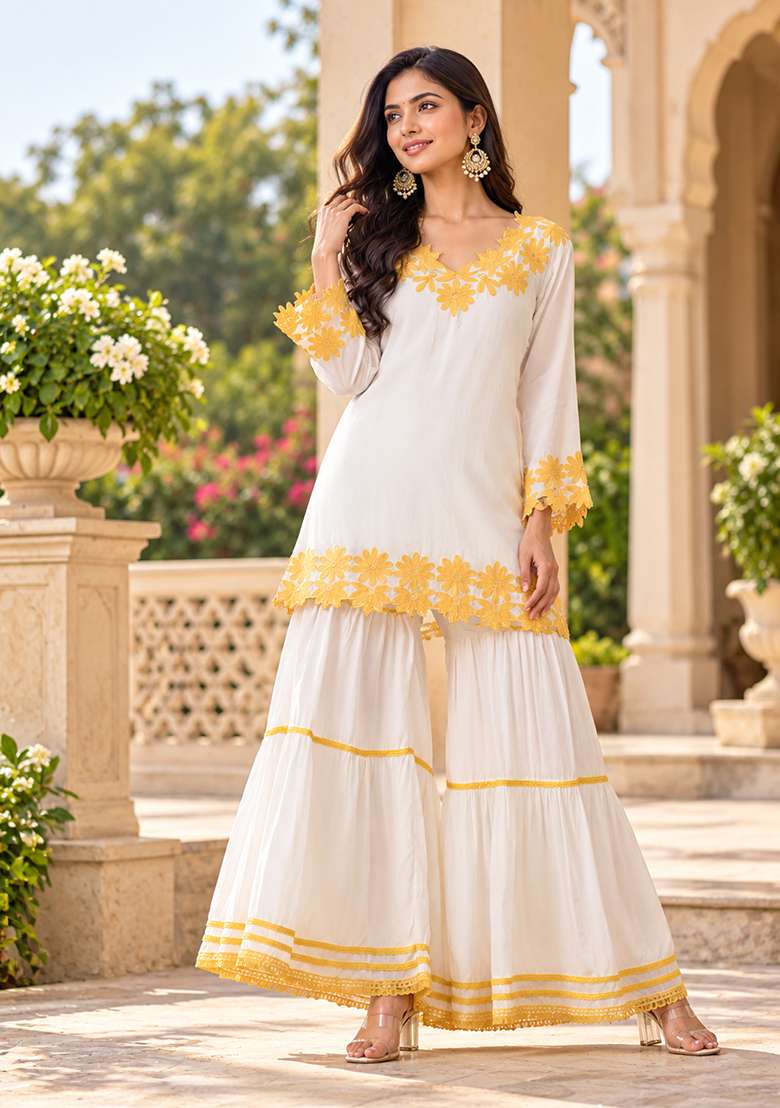 Off White Gharara Set in Pure Crepe with Lace Work - Indya