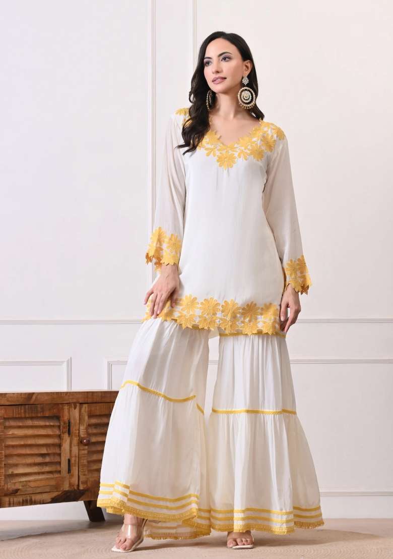 Off White Gharara Set in Pure Crepe with Lace Work - Indya