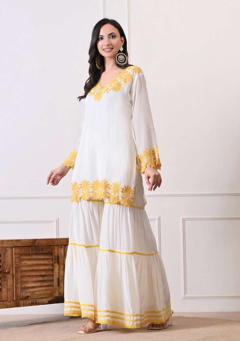 Off White Gharara Set in Pure Crepe with Lace Work - Indya