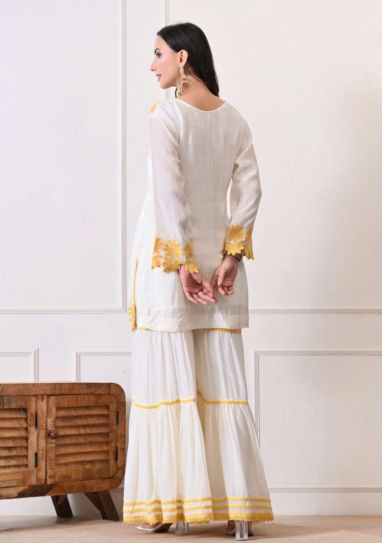 Off White Gharara Set in Pure Crepe with Lace Work - Indya