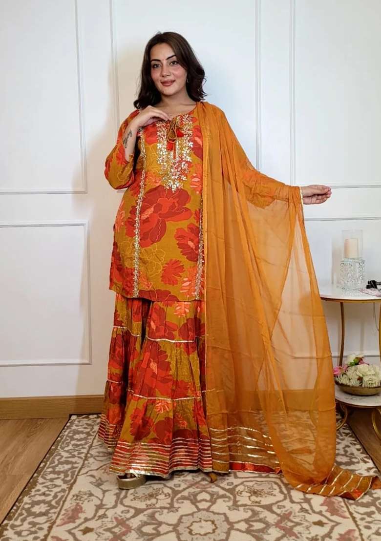 Orange Sharara Set in Pure Muslin with Gota Patti and Mirror Work - Indya