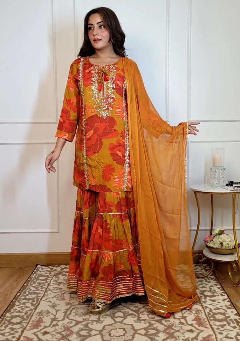 Orange Sharara Set in Pure Muslin with Gota Patti and Mirror Work - Indya