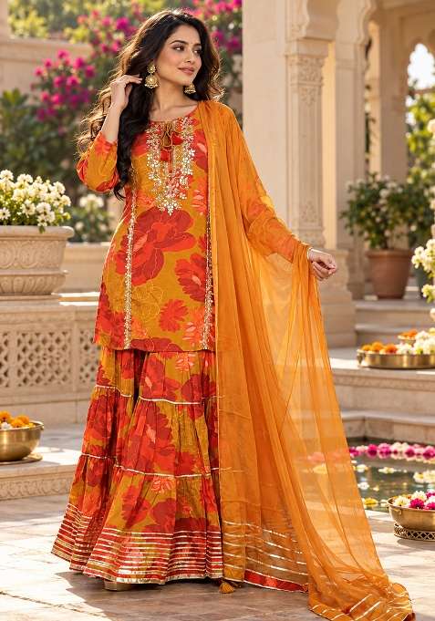 Orange Sharara Set in Pure Muslin with Gota Patti and Mirror Work