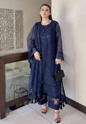 Blue Embroidery Organza Kurta Set
