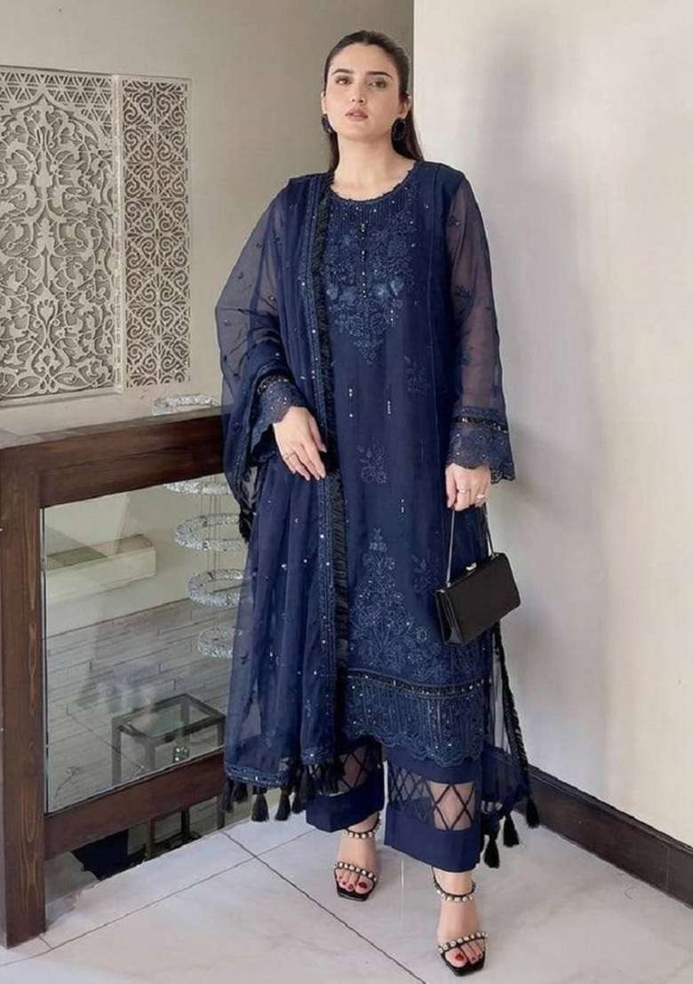 Blue Embroidery Organza Kurta Set - Indya