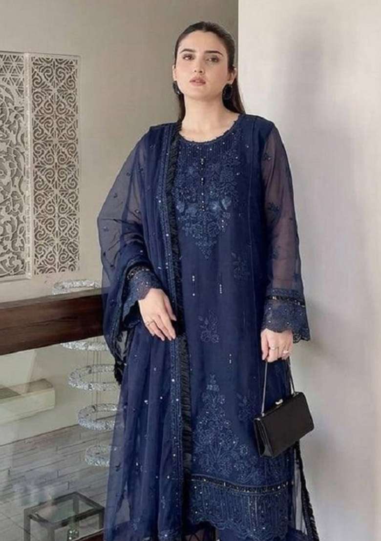 Blue Embroidery Organza Kurta Set - Indya