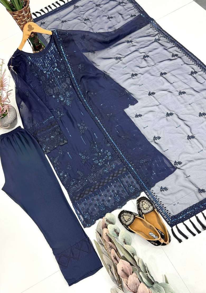 Blue Embroidery Organza Kurta Set - Indya