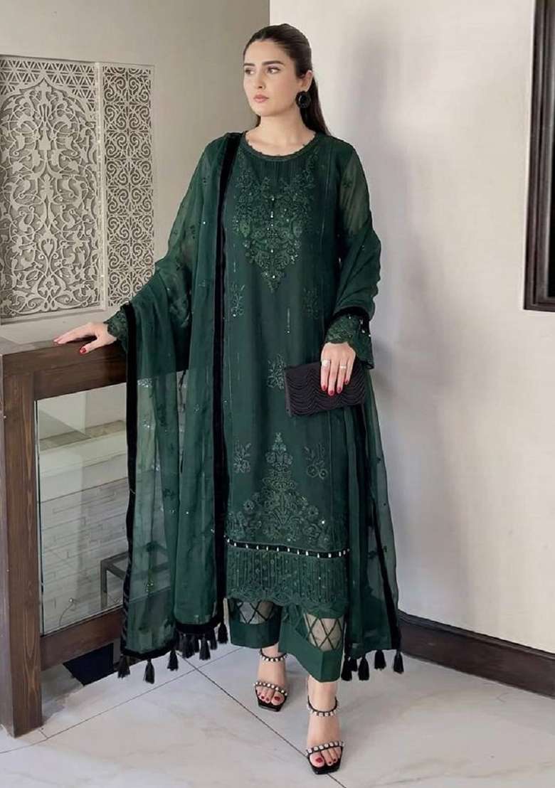 Green Embroidery Organza Kurta Set - Indya
