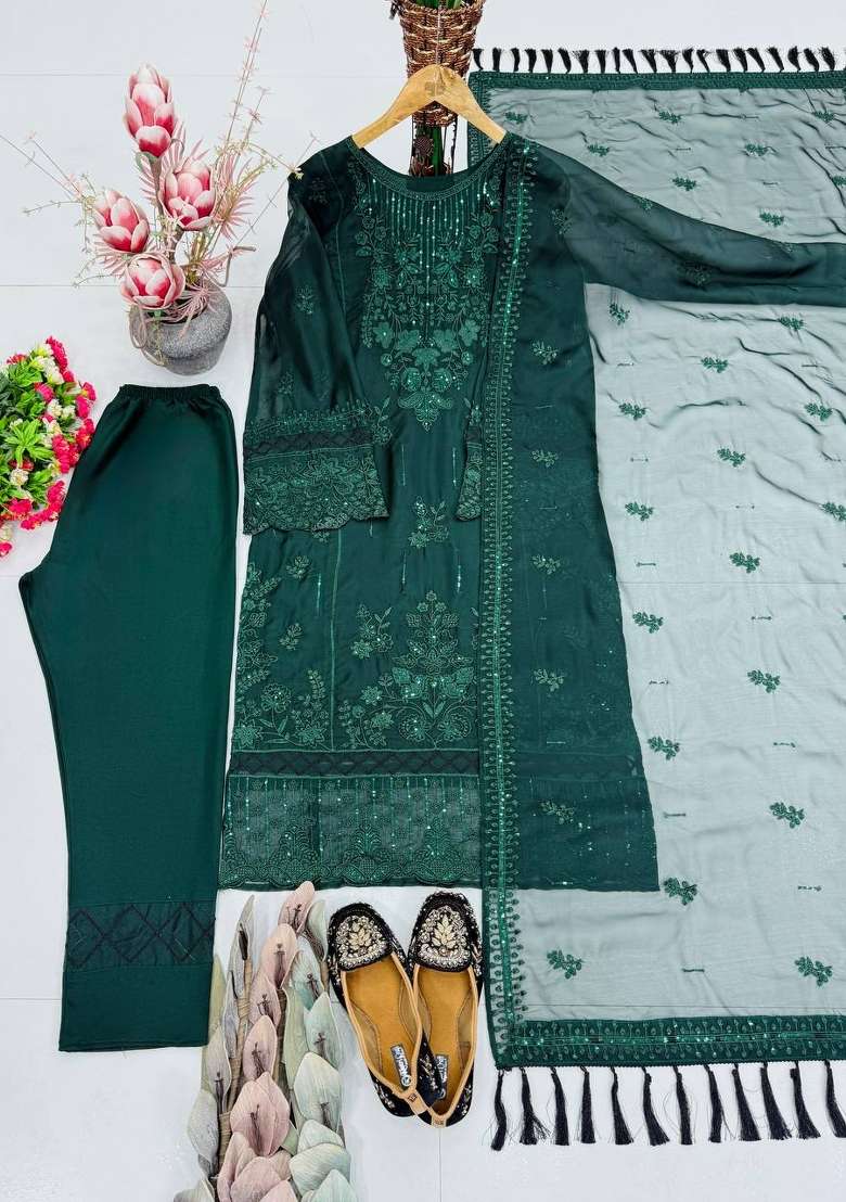 Green Embroidery Organza Kurta Set - Indya