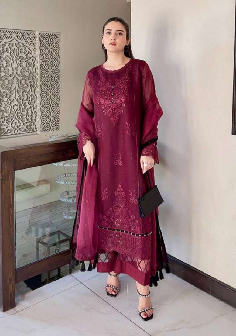 Pink Embroidery Organza Kurta Set - Indya