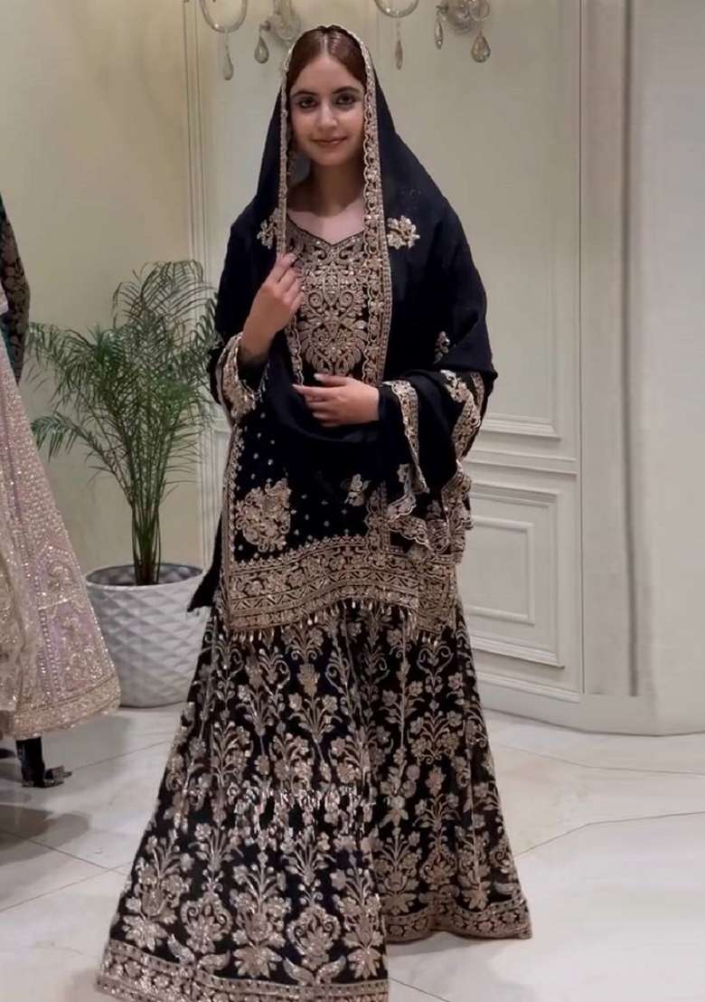 Black Embroidery Georgette Kurta Set - Indya