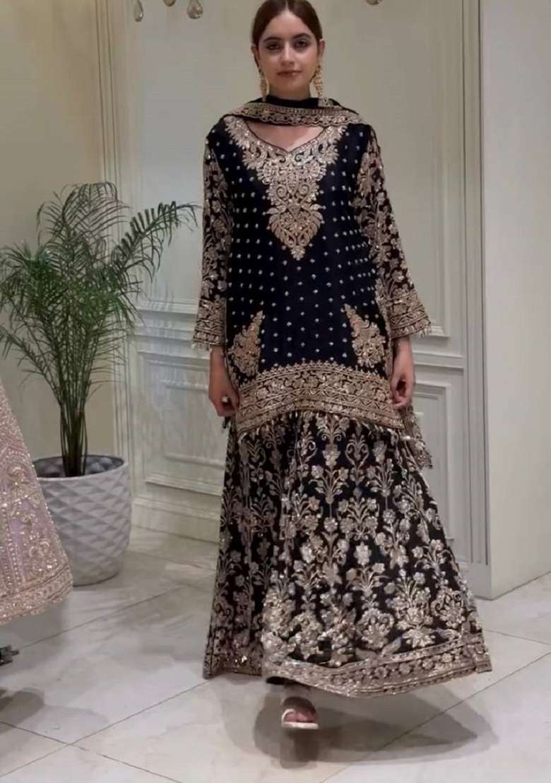 Black Embroidery Georgette Kurta Set - Indya