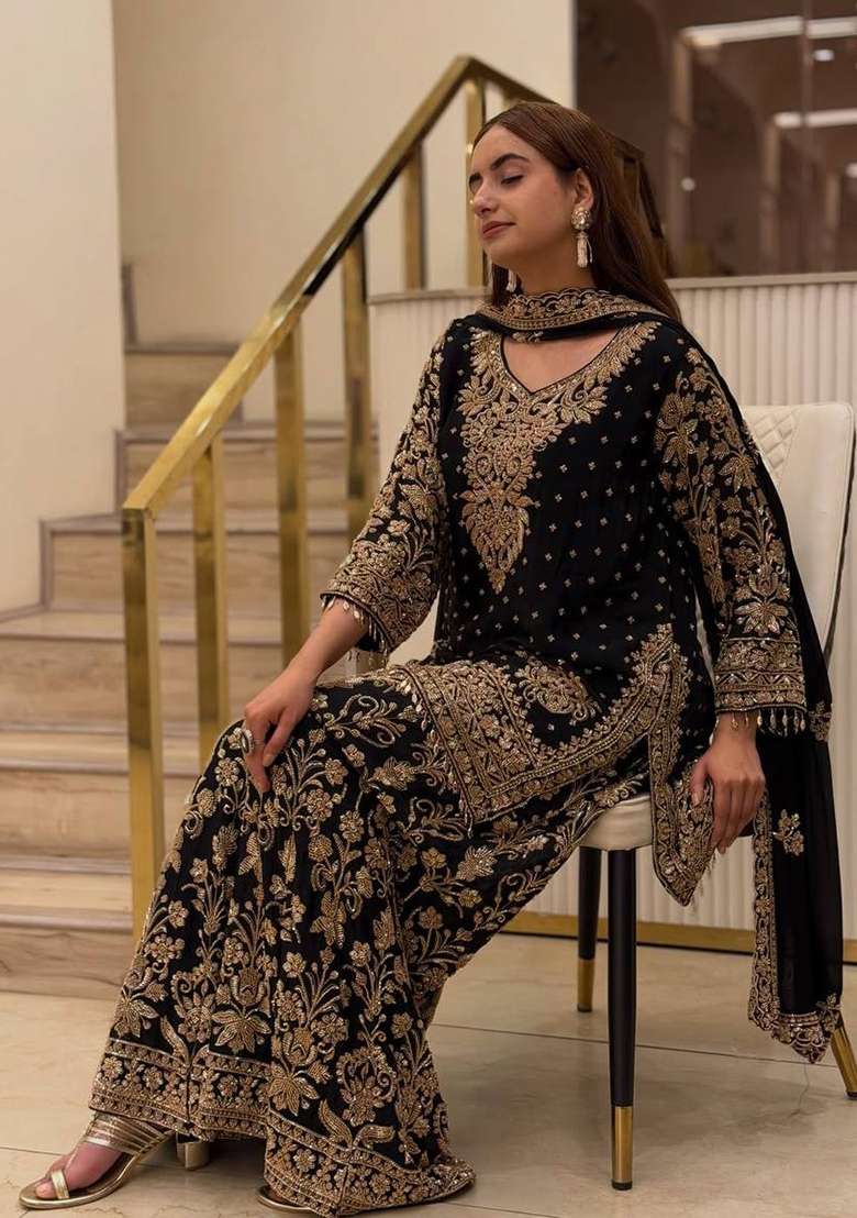 Black Embroidery Georgette Kurta Set - Indya