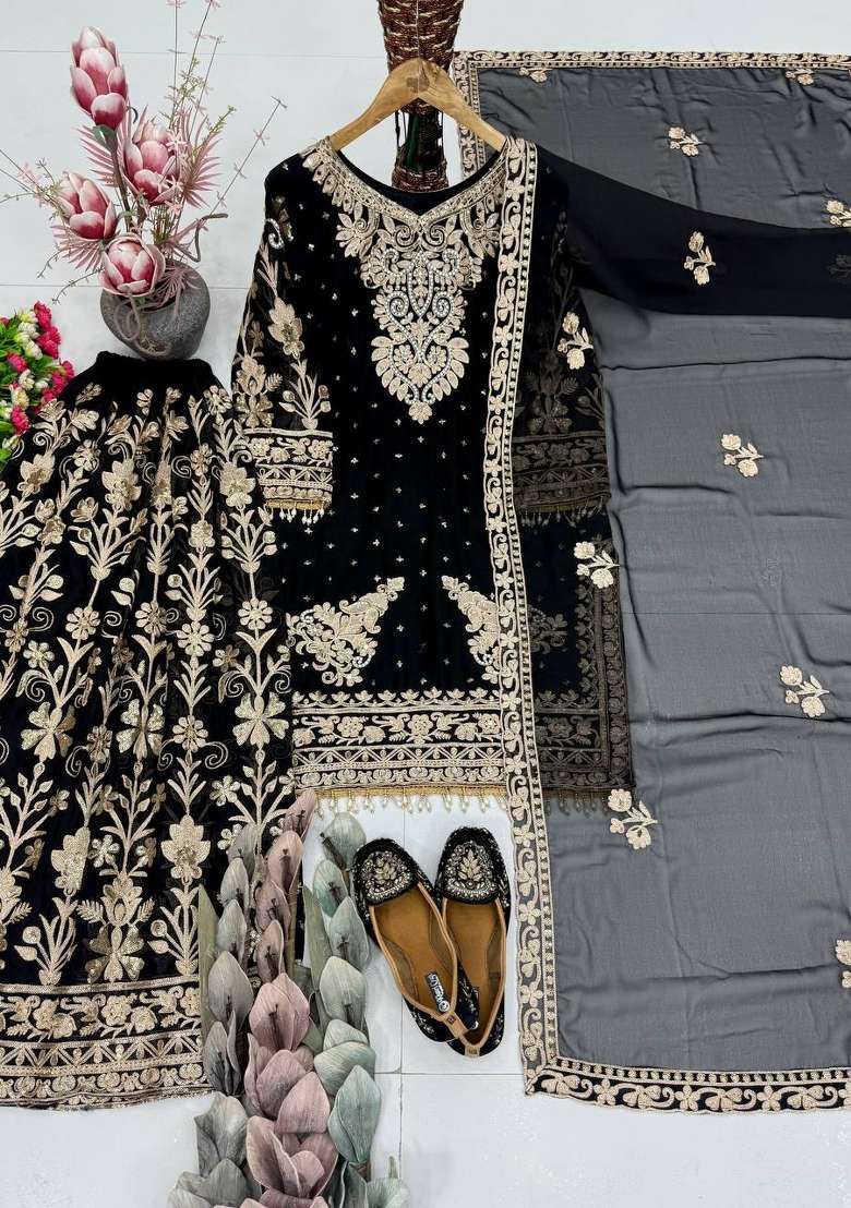 Black Embroidery Georgette Kurta Set - Indya