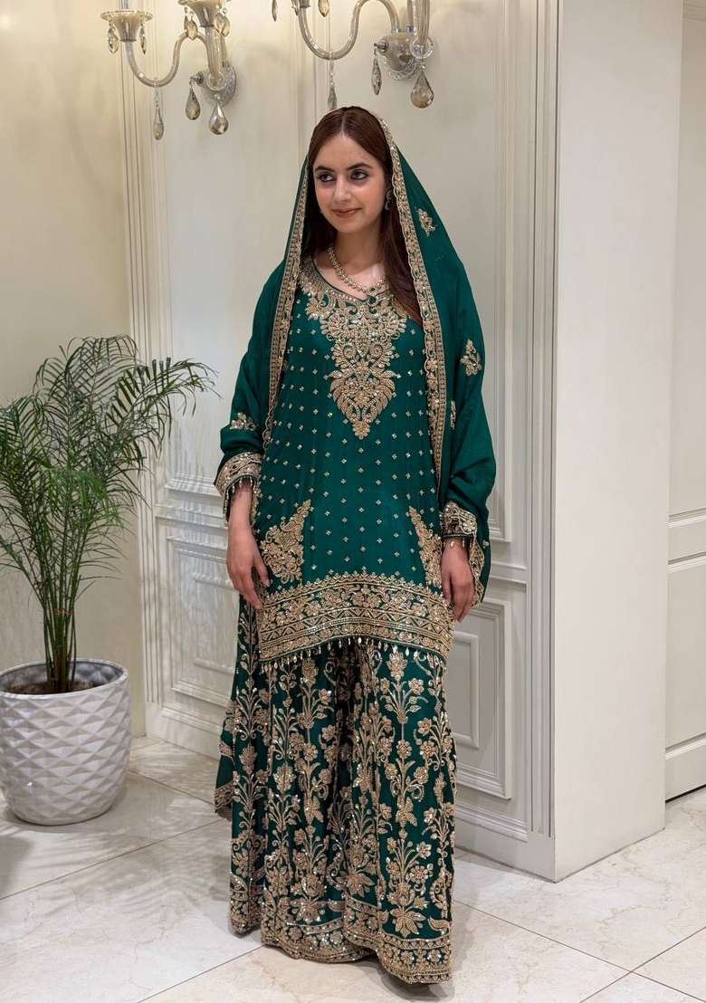 Green Embroidery Georgette Kurta Set - Indya