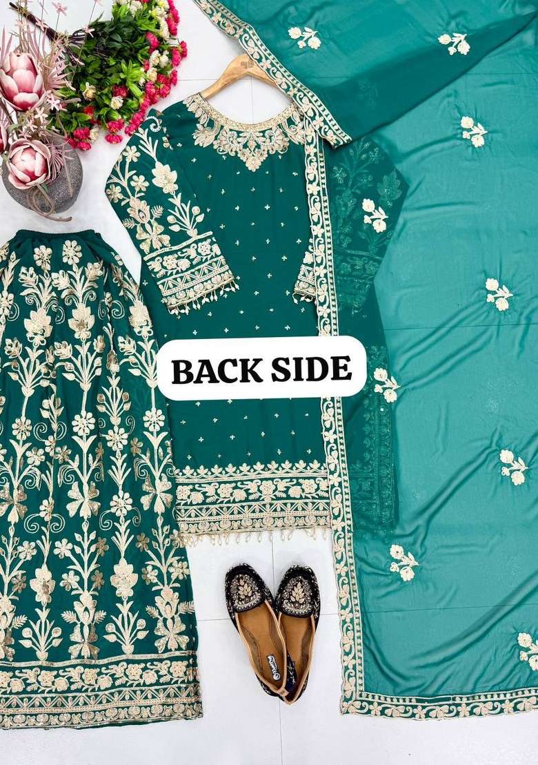 Green Embroidery Georgette Kurta Set - Indya