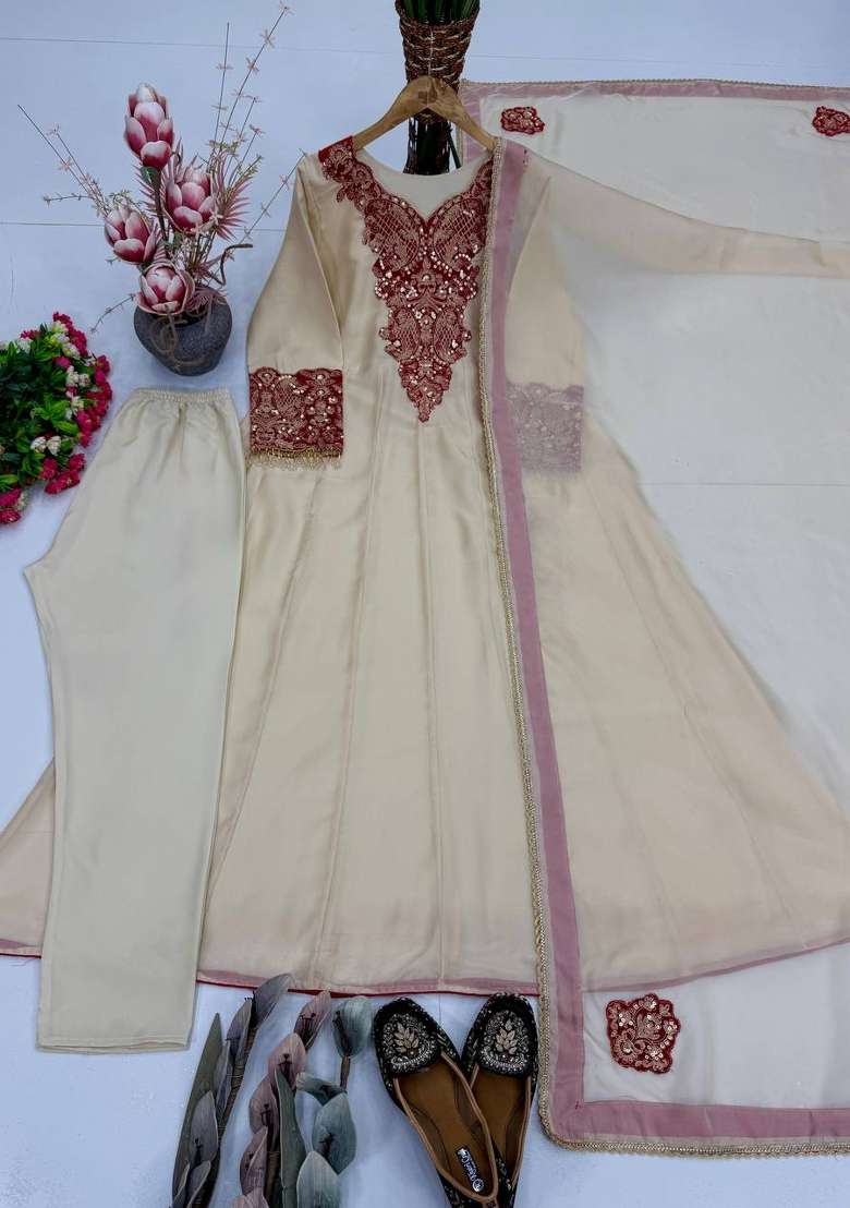 Cream Embroidery Organza Kurta Set - Indya