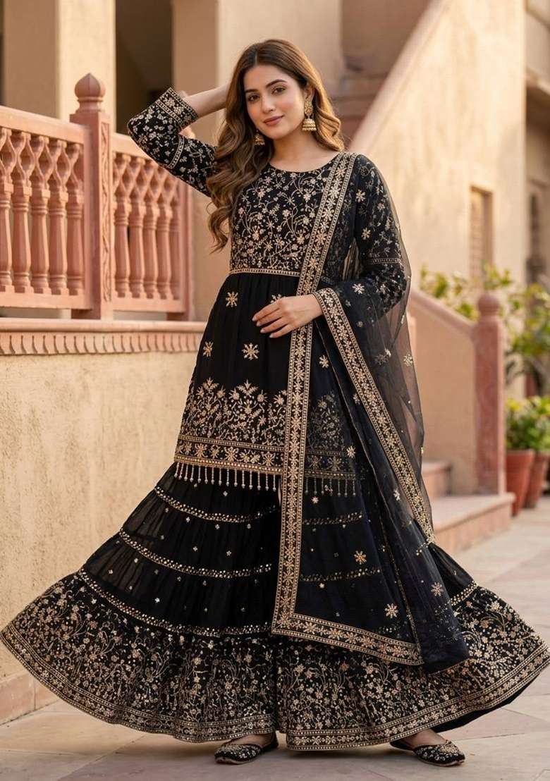 Black Embroidery Georgette Sharara Set - Indya