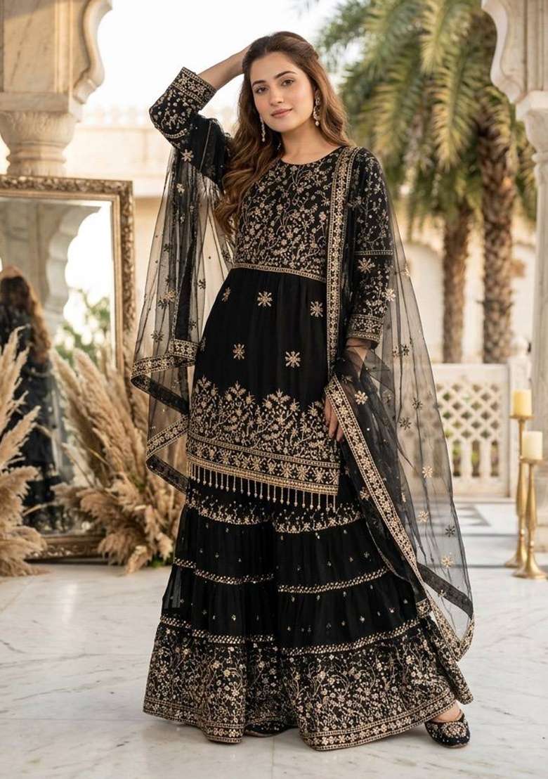 Black Embroidery Georgette Sharara Set - Indya