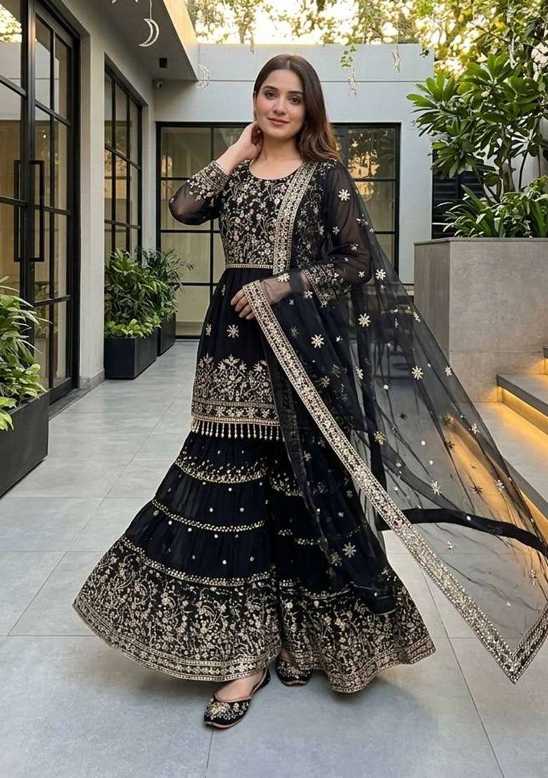 Black Embroidery Georgette Sharara Set - Indya