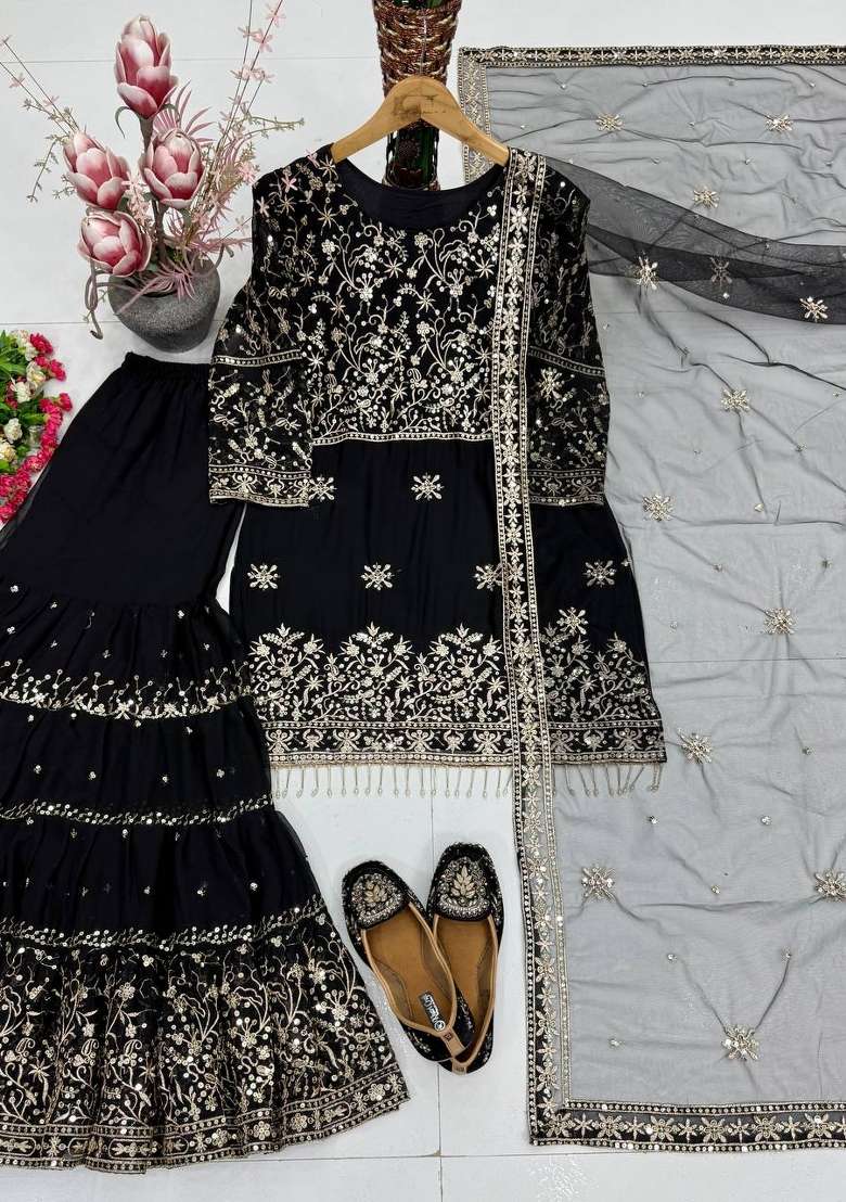 Black Embroidery Georgette Sharara Set - Indya