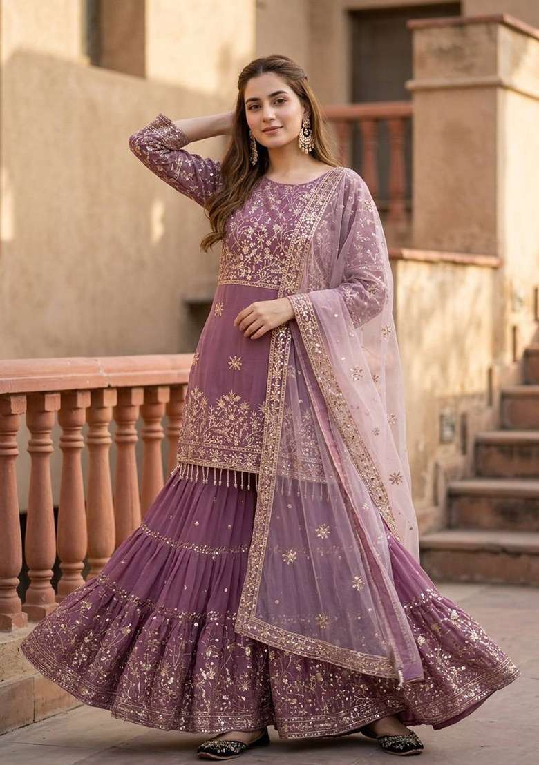Lavender Embroidery Georgette Sharara Set - Indya