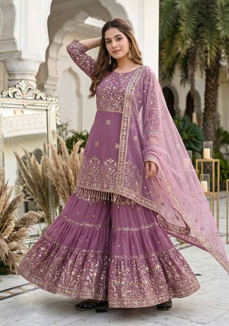 Lavender Embroidery Georgette Sharara Set - Indya