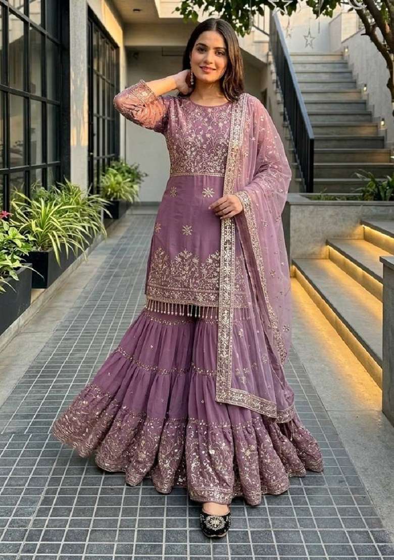 Lavender Embroidery Georgette Sharara Set - Indya