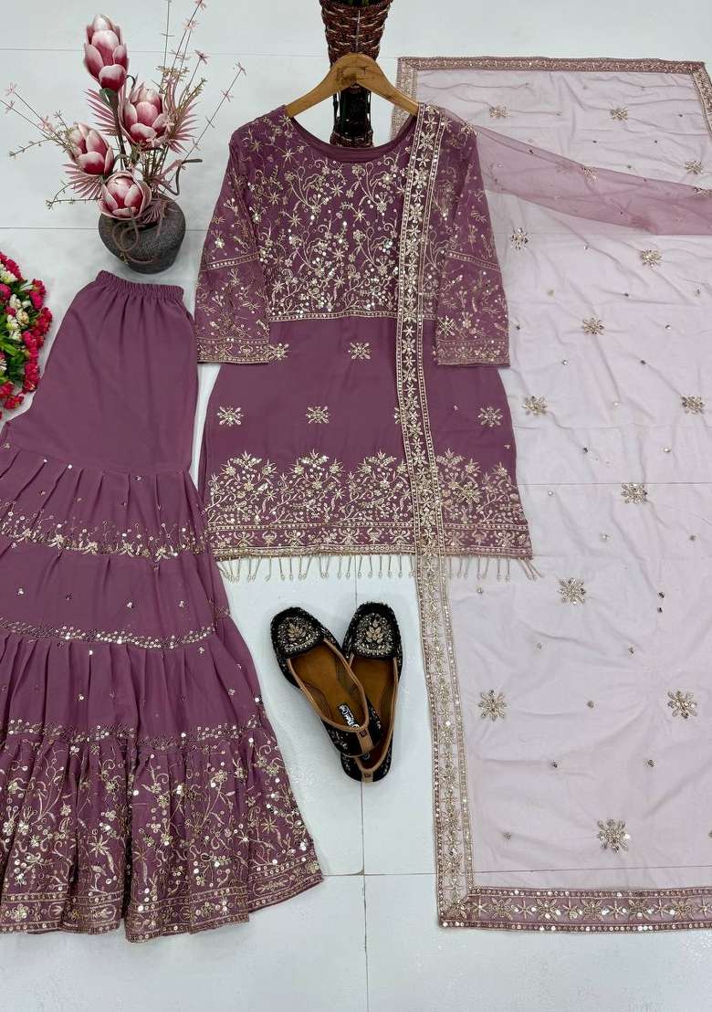Lavender Embroidery Georgette Sharara Set - Indya
