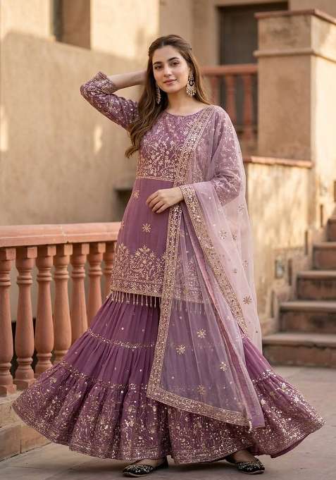 Lavender Embroidery Georgette Sharara Set