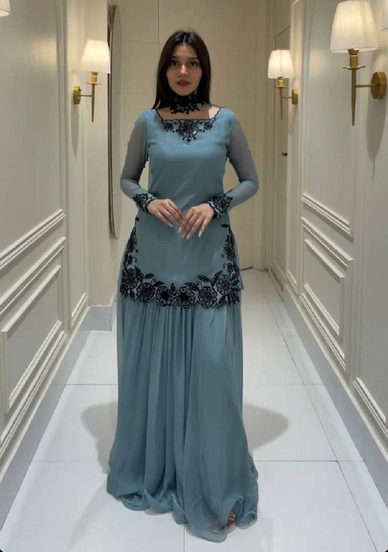 Grey Embroidery Georgette Sharara Set - Indya
