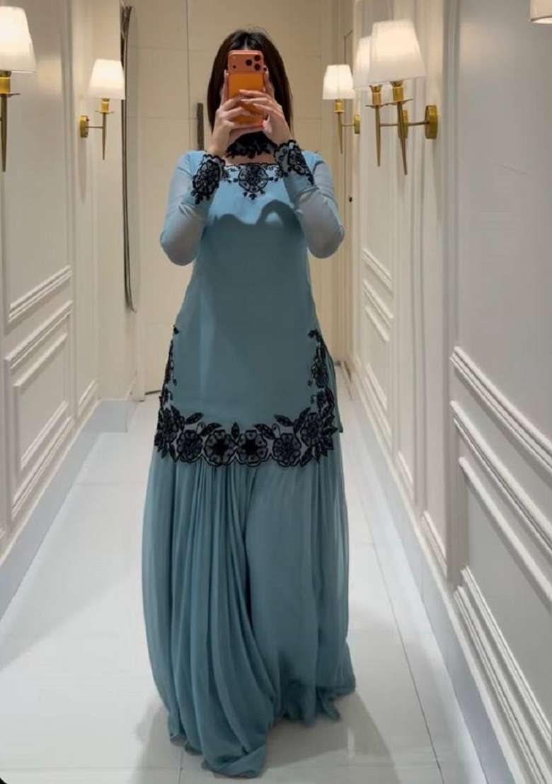 Grey Embroidery Georgette Sharara Set - Indya