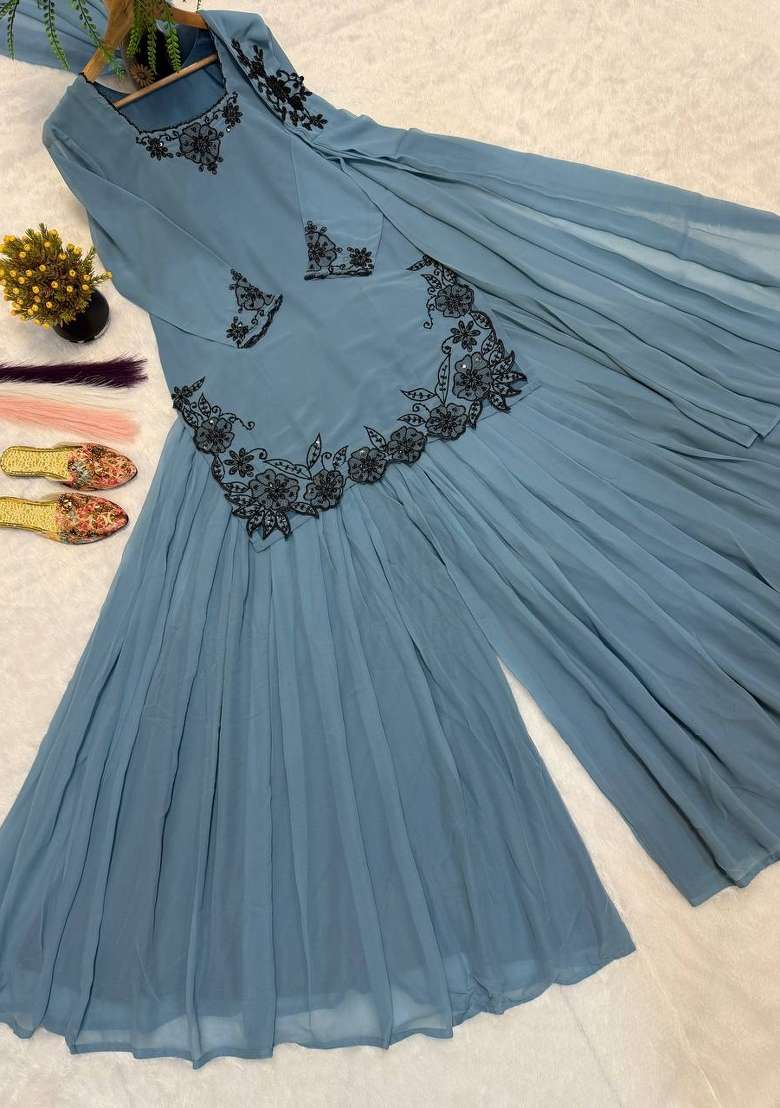 Grey Embroidery Georgette Sharara Set - Indya