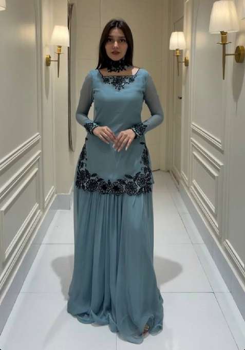 Grey Embroidery Georgette Sharara Set