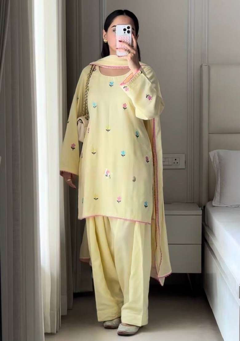 Yellow Embroidery Cotton Farshi Kurta Set - Indya