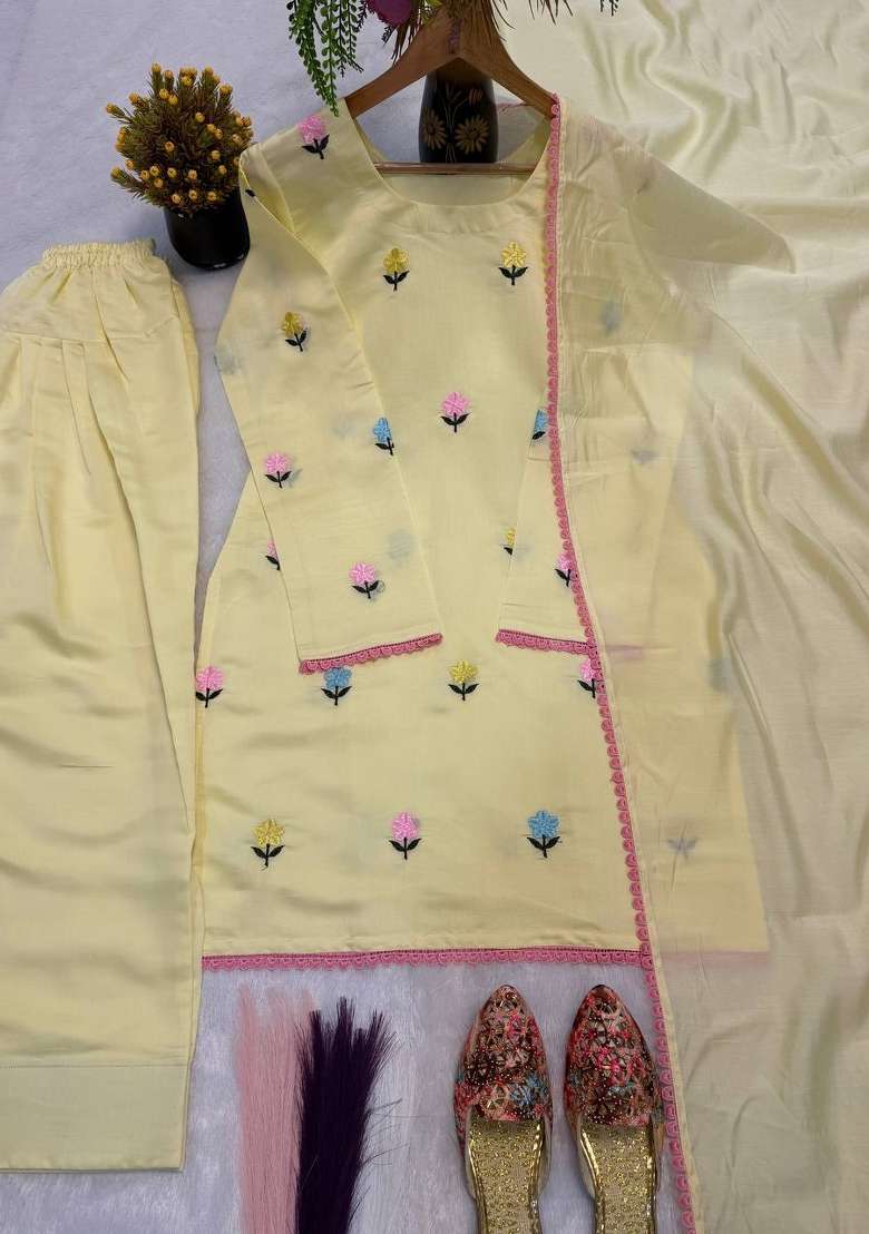 Yellow Embroidery Cotton Farshi Kurta Set - Indya