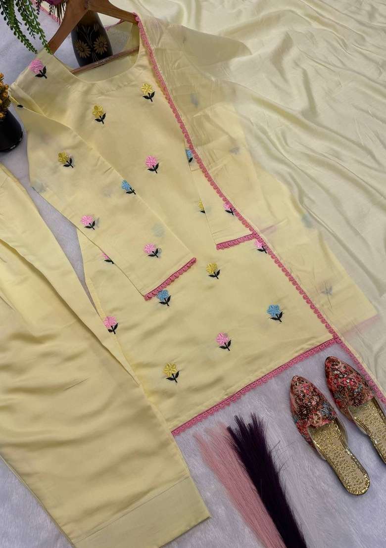 Yellow Embroidery Cotton Farshi Kurta Set - Indya