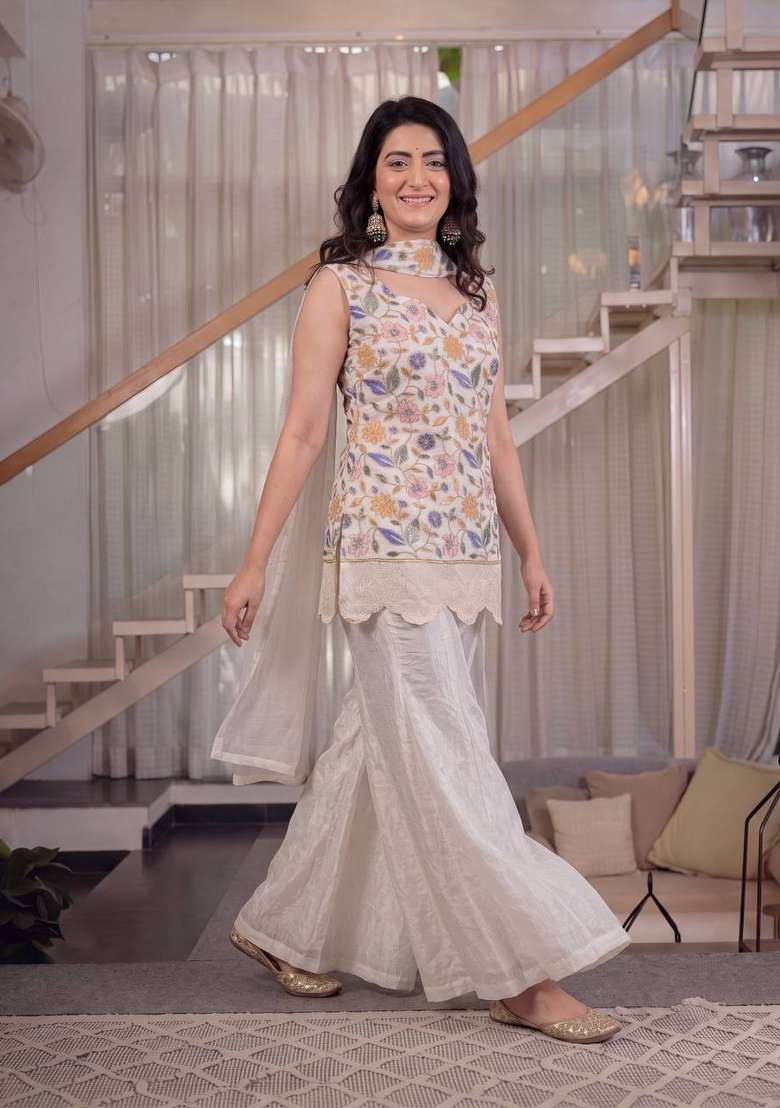 White Embroidery Fendi Sharara Set - Indya